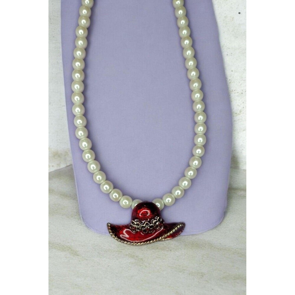 Faux Pearl Beaded Necklace Red Hat Pendant White Statement Costume Jewelry Glass